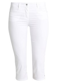 White cropped pants made of cotton blend fabric. Features a zip fly, button closure, five pockets, and a smooth texture.