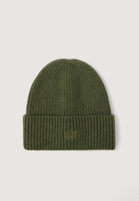 Berretto a maglia verde con texture a coste, dotato di orlo ripiegato e logo ricamato in una tonalità marrone a contrasto.
