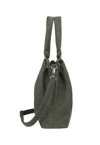 Groene stoffen tas met een zachte textuur, voorzien van twee handvatten bovenaan en een afneembare schouderband. De tas heeft een ronde vorm en metalen accenten.