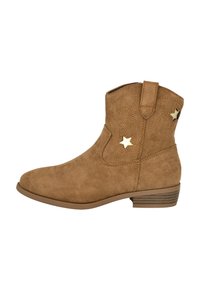 Botas de tobillo de ante beige con detalles bordados y acentos dorados en forma de estrella. Cuentan con un tacón bajo apilado y una pestaña en la parte posterior para facilitar su uso.