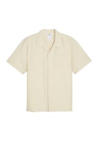 Camicia a maniche corte, con bottoni, in tessuto giallo chiaro testurizzato, dotata di due tasche frontali e colletto. Logo discreto sul lato sinistro.