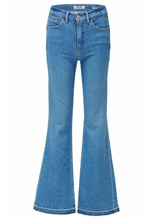 Jeans svasati di un blu chiaro realizzati in denim, con vita alta, design a cinque tasche e cuciture sottili ai bordi.