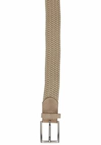 Geweven stoffen riem in beige met een gladde leren achterkant, voorzien van een glanzende zilveren metalen gesp en een rechthoekig ontwerp.