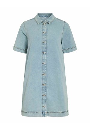 Světle modré džínové šaty s krátkými rukávy, límcem a předním zapínáním na patentní knoflíky, s viditelnými ševními detaily.