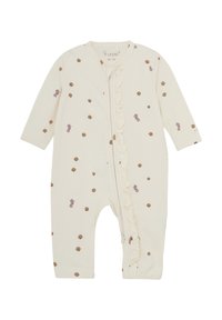 Cremefarbenes Einteiler-Outfit mit langen Ärmeln, Reißverschluss vorne, Rüschendetails und einem Punkten-Muster, das lila Seepferdchen und braune Muscheln zeigt.