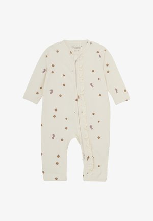 Crème kleurige jumpsuit met lange mouwen, rits aan de voorkant, ruffle-details en een stippenpatroon met paarse zeepaardjes en bruine schelpen.