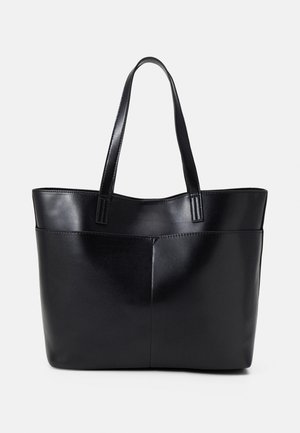Black leather tote bag with two shoulder straps, smooth finish, and a slightly structured rectangular shape against a light background.