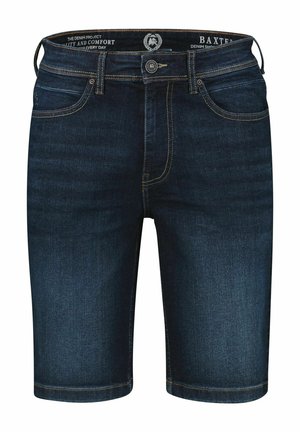 Short en denim bleu foncé avec passants de ceinture, bouton à l’avant et poches, présentant un léger effet délavé et des surpiqûres contrastantes.