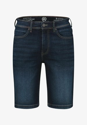 Dunkelblaue Jeans-Shorts mit Gürtelschlaufen, vorderem Knopf und Taschen, mit subtilen Ausbleichungen und Kontrastnähten.