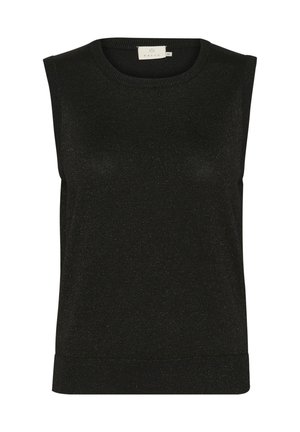 Top noir sans manches en tissu tricoté scintillant, avec un col rond et un ourlet côtelé. Design simple sans motifs supplémentaires.