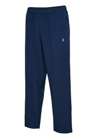 Mörkblå träningsbyxor med elastisk midja, sidofickor och en diskret logotyp på låret; slät, lättviktig tyg.