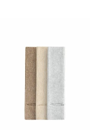 Set aus drei gerippten Strümpfen in Hellbraun, Beige und Hellgrau, mit weichem Textil und elastischen Öffnungen.