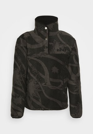 Pull noir en polaire avec col haut, boutons-pression et motif de lignes ondulées et d'étoiles. Comprend un logo brodé et un bas ajustable.