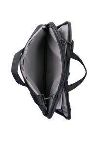 Schwarze Laptop-Tasche mit zwei Fächern, Reißverschlussverschluss und Stoffträgern. Das Innenleben verfügt über ein glattes graues Futter und Organisationsfächer.