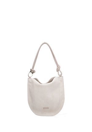 Sac à épaule en cuir blanc cassé avec un fond arrondi, une bandoulière nouée d'un côté et un fermoir métallique de l'autre.