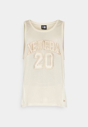 Cremfarbener Mesh-Ärmelloser Top mit dem Text "NEW ERA" und der Nummer "20" in beiger Typografie. Rundhalsausschnitt, ärmelloses Design.