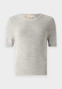 Pull à manches courtes en maille gris clair avec un col rond, un motif texturé et des ourlets côtelés. Tissu doux et respirant, adapté à un usage décontracté.
