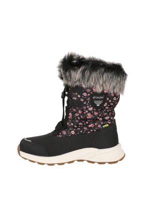 Sort snestøvle med blomsterdesign på overdelen, faux fur krave, snørebåndslukning og hvid gummisål. Har logo på siden og teksturerede accenter.