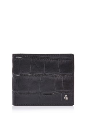 Zwarte leren bifold-portemonnee met krokodillenstructuur en klein zilveren logo-embleem rechtsonder op een witte achtergrond.