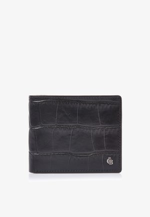 Zwarte leren bifold-portemonnee met krokodillenstructuur en klein zilveren logo-embleem rechtsonder op een witte achtergrond.