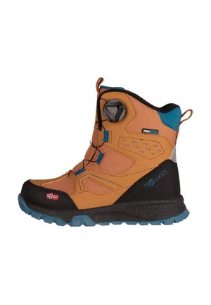 Brown waterproof boot with black and blue accents, textured material, lace system, reinforced toe, and rubber sole featuring a patterned tread.