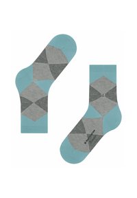 Chaussettes à motif argyle gris et bleu clair avec une texture lisse, dotées d'un renforcement au niveau des orteils et du talon, et d'un logo sur le côté.