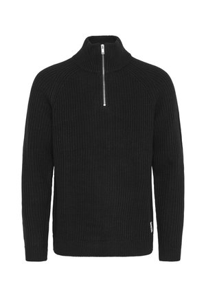 Black ribbed knit sweater with a high collar and half zip. Features raglan sleeves and a small logo on the left side near the hem.