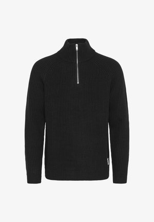 Mustaline ribaga kootud sviiter kõrge krae ja poole tõmbluku ning raglansuurusega varrukatega. Vasakpoolsel äärisel on väike logo.