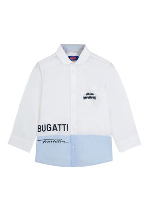 Weißes und hellblaues Langarmhemd mit Knöpfen auf der Vorderseite, Vordertasche, "Bugatti"-Schriftzug, Auto-Grafik und "Tourbillon"-Schriftzug am unteren Rand.