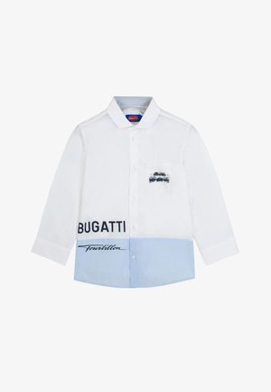 Camicia a maniche lunghe bianca e azzurra con bottoni frontali, tasca frontale, scritta "Bugatti", grafica di un'auto e scritta "Tourbillon" in basso.