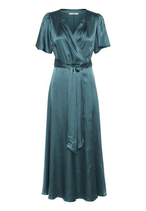 Teal satin wrap dress with short puff sleeves, a v-neckline, a tied waist, and a flowing A-line skirt, featuring a subtle sheen and smooth texture.