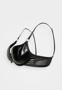 Black bra with glossy cups and a satin finish. Features adjustable straps and gold hardware accents. Smooth texture with structured design.