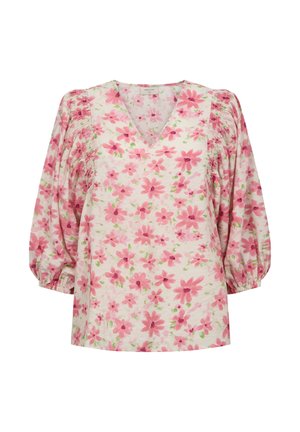 Witte blouse met een roze bloemenpatroon, V-hals, geplooide details op de schouders en driekwart ballonmouwen met elastische manchetten.