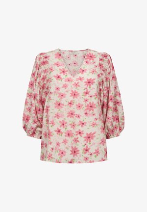 Witte blouse met een roze bloemenpatroon, V-hals, geplooide details op de schouders en driekwart ballonmouwen met elastische manchetten.