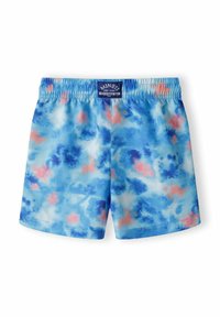 Pantaloni da bagno blu con un motivo in stile acquerello che presenta sfumature di blu e accenni di rosa. Vita elasticizzata e etichetta del marchio sul retro.