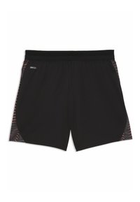 Sorte atletikshorts med et netbånd i taljen og mønstrede sideaccenter i rød og grå. Fremstillet af let, åndbart stof.