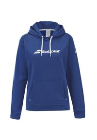 Blå hættetrøje lavet af blødt stof med en frontlomme, der har et hvidt "Babolat" logo hen over brystet og snoretræk til hætten.