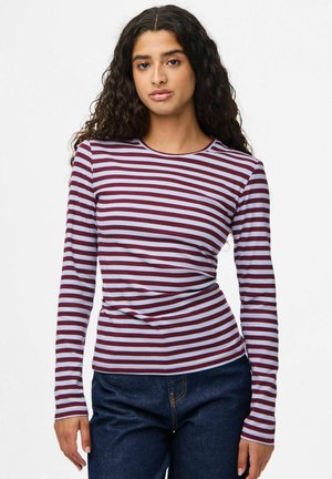 Long-sleeve top featuring horizontal burgundy and light blue stripes, ribbed texture, round neckline, and a fitted silhouette.