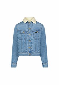 Chaqueta de denim azul con cuello de borreguito, que cuenta con cierres de botones, cuatro bolsillos frontales y un diseño corto.