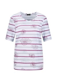 Witte T-shirt met korte mouwen, voorzien van paarse en grijze strepen en bloemenpatronen. Ronde halslijn en een relaxte pasvorm.