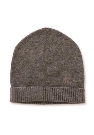 Grijze gebreide beanie van zacht materiaal met een geribbelde boord. Bevat een subtiele logodetail aan de voorkant. Eenvoudige ronde vorm.