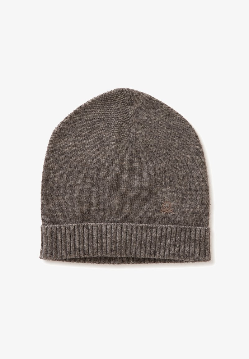 Gray knitted beanie made of soft material with a ribbed cuff. Features a subtle logo detail on the front. Simple rounded shape.