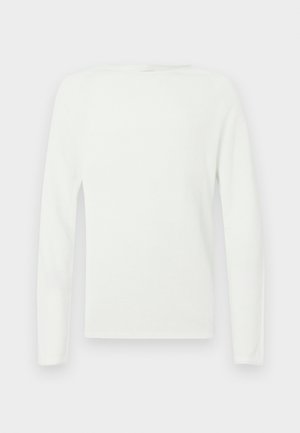 Fehér, hosszú ujjú kerek nyakú pulóver, sima, egyszínű textúrával és testhezálló siluettel.