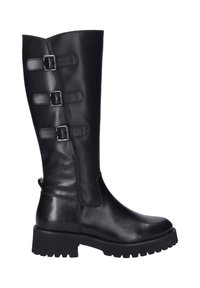 Bota de cuero negro hasta la rodilla con tres hebillas horizontales, puntera redondeada y suela texturada gruesa para un buen agarre. Acabado suave y construcción robusta.