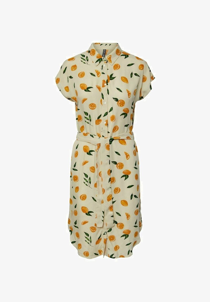 Kleid mit kurzen Ärmeln aus cremefarbenem Stoff, verziert mit einem Muster aus Zitrusfrüchten und Blättern, mit durchgehender Knopfleiste und passendem Gürtel.