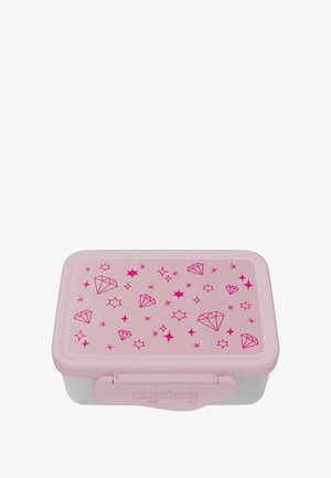 Pink lunch box featuring a solid lid adorned with diamond and star patterns in darker pink. It has a white base and a front clasp.