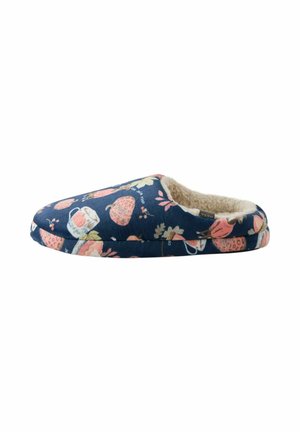 Soft navy blue slipper with pink fruit and cup patterns, featuring a plush cream-colored inner lining for warmth and comfort.
