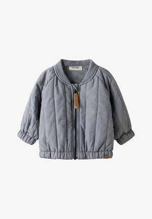 Svetlo siva podložena jakna za malčke z zadrgo spredaj, rebrastim ovratnikom in manšetami ter elastičnim spodnjim robom za tesno prileganje.