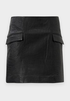 Black leather mini skirt featuring a textured crocodile pattern, straight cut, and two side pockets with flap detail.