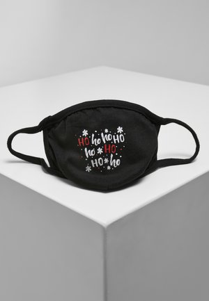 Schwarze Stoffmaske mit weißem und rotem "Ho ho ho"-Text und kleinen weißen Schneeflockenmustern. Mit elastischen Ohrschlaufen für eine gute Passform.